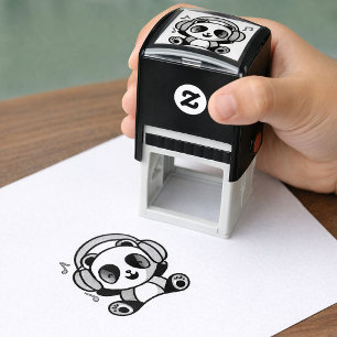Happy Panda with headphones listening to music.  Self-inking Stamp