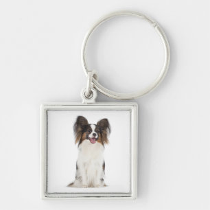 Happy Papillon Brown and White Puppy Dog Key Ring