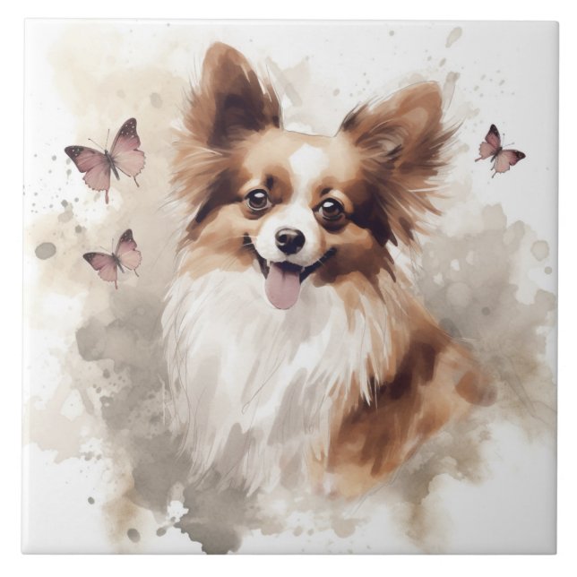Happy Papillon Dog Watercolor Ceramic Tile (Front)