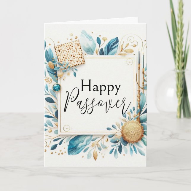 Happy Passover Agate Blue Gold Matzah Card (Front)