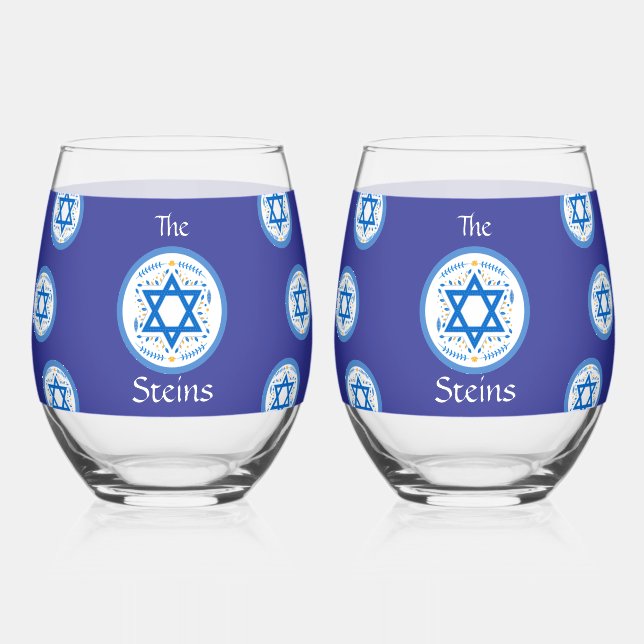 Happy PASSOVER Blue Star of David NAME Stemless Wine Glass (Front)
