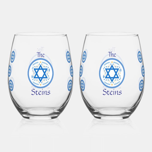 Happy PASSOVER Blue Star of David NAME Stemless Wine Glass (Front)