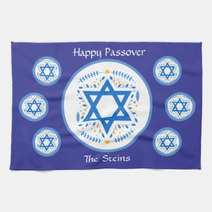 Happy PASSOVER Blue Star of David NAME  Tea Towel