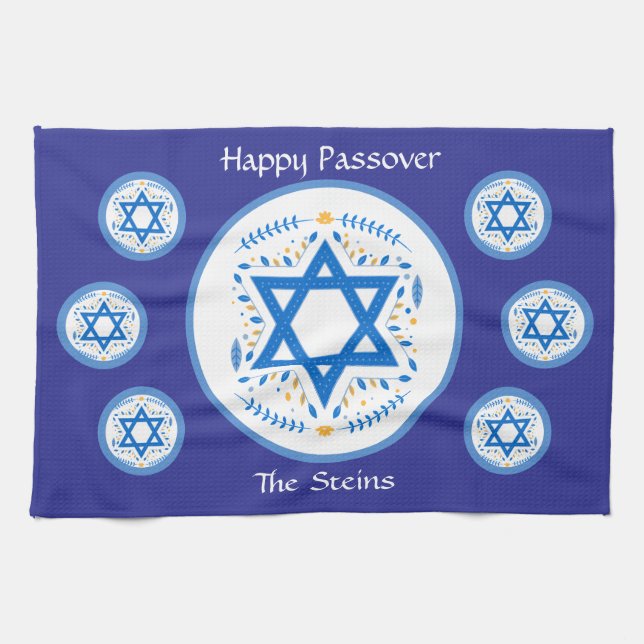 Happy PASSOVER Blue Star of David NAME  Tea Towel (Horizontal)