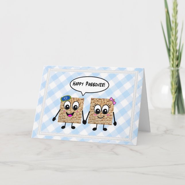 Happy Passover Cute Matzot on blue gingham Card (Front)