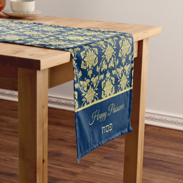 Happy Passover Pesach Damak Blue and Yellow Gold Short Table Runner (In Situ)