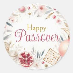 Happy Passover - Pomegranates Matzah Floral Classic Round Sticker