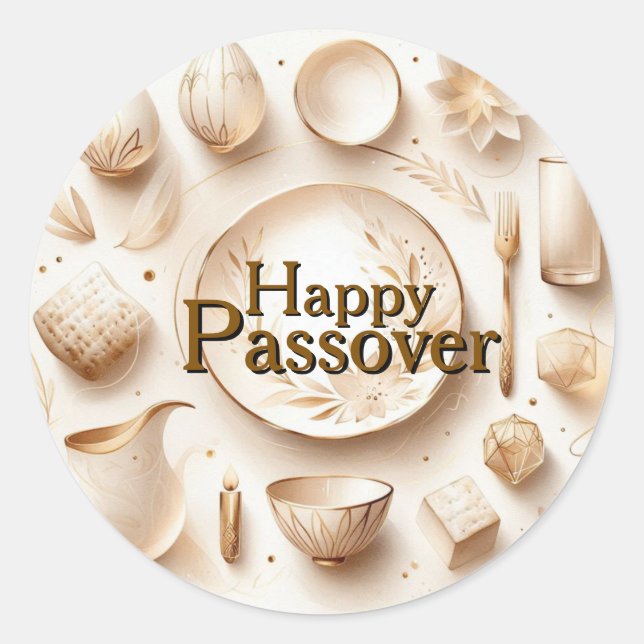 Happy Passover Seder Plate - Modern Luxury Beige  Classic Round Sticker (Front)