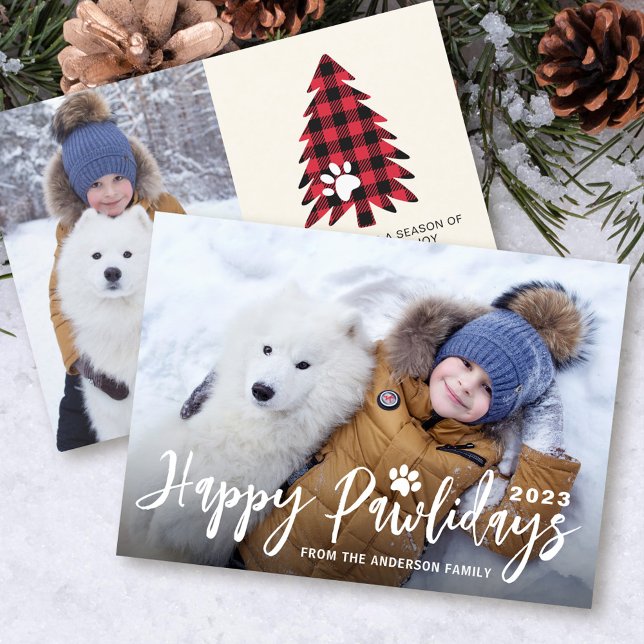 Happy Pawlidays Christmas Tree 2 Photo Pet Puppy Holiday Card (Creator Uploaded)