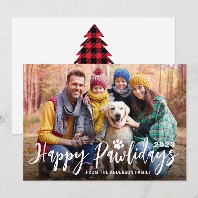 Happy Pawlidays Christmas Tree Red Plaid Pet Photo Holiday Card (Front/Back)