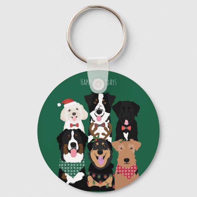 Happy Pawlidays Cute Christmas Dogs Key Ring (Front)