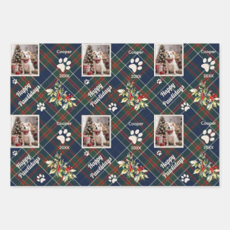 Happy Pawlidays Dog Blue Plaid Christmas Wrapping Paper Sheet