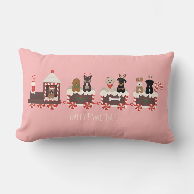 Happy Pawlidays Dog Christmas Holiday Train Lumbar Cushion (Front)