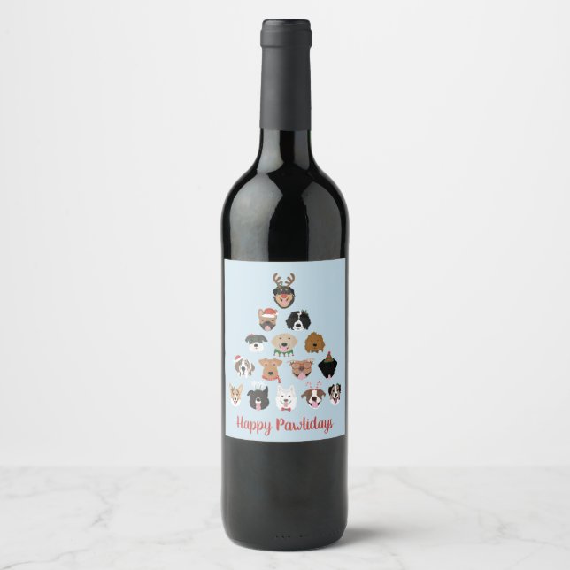 Happy Pawlidays Dog Christmas Tree Holiday Wine Label (Front)