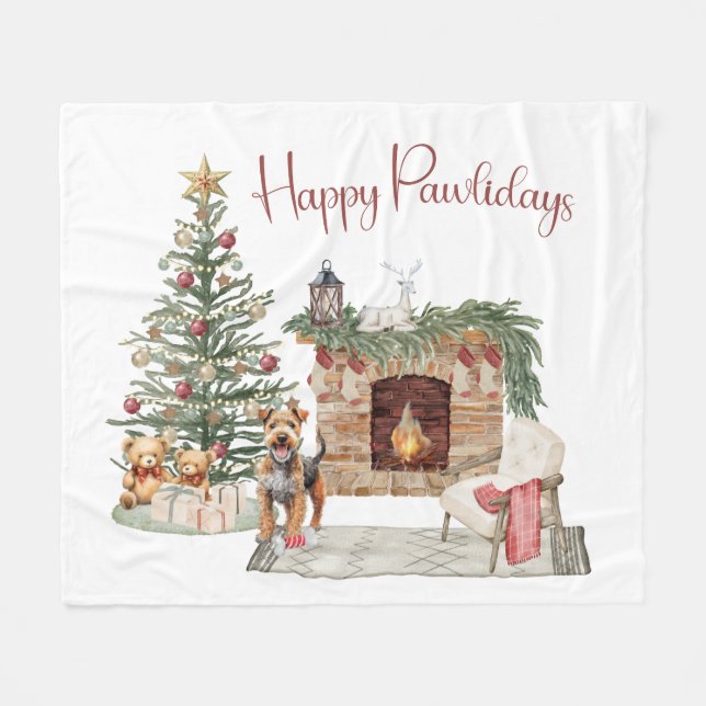 Happy Pawlidays Dog Design- Airedale Fleece Blanket (Front (Horizontal))