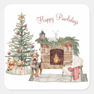 Happy Pawlidays Dog Design- Airedale Square Sticker