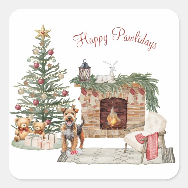 Happy Pawlidays Dog Design- Airedale Square Sticker (Front)