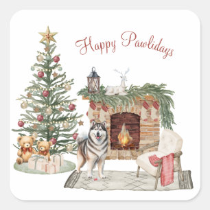 Happy Pawlidays Dog Design- Alaskan Malamute Square Sticker