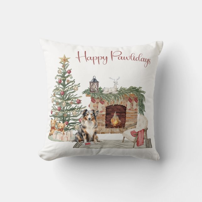 Happy Pawlidays Dog Design- Australian Shepherd Cushion (Front)