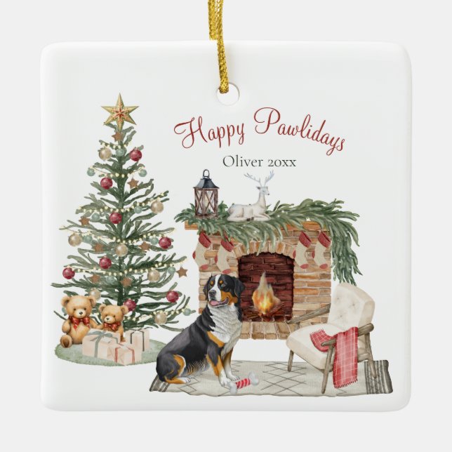 Happy Pawlidays Dog Design- Bernese Mountain Dog Ceramic Ornament (Front)