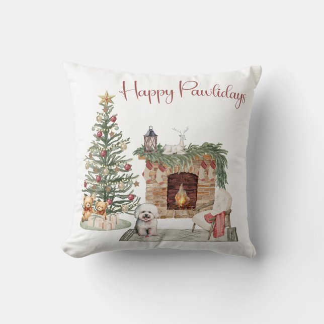 Happy Pawlidays Dog Design- Bichon Frise Cushion (Front)