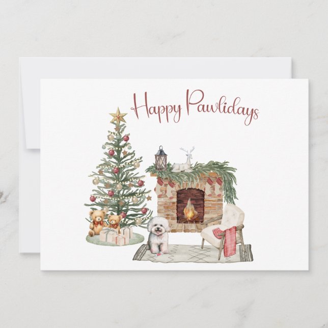 Happy Pawlidays Dog Design- Bichon Frise Holiday Card (Front)