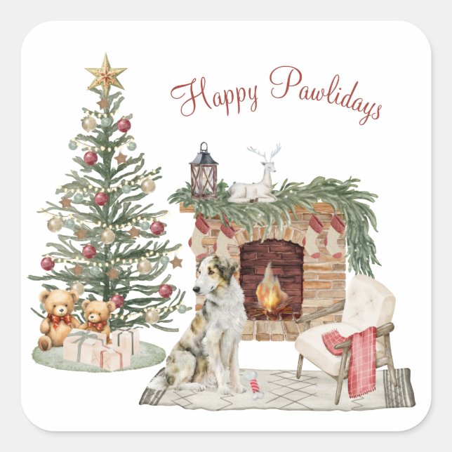 Happy Pawlidays Dog Design- Borzoi Square Sticker (Front)