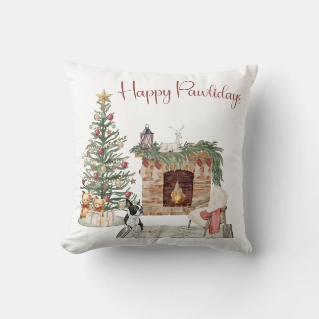 Happy Pawlidays Dog Design- Boston Terrier Cushion (Front)