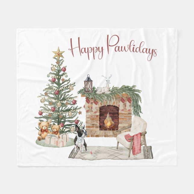 Happy Pawlidays Dog Design- Boston Terrier Fleece Blanket (Front (Horizontal))