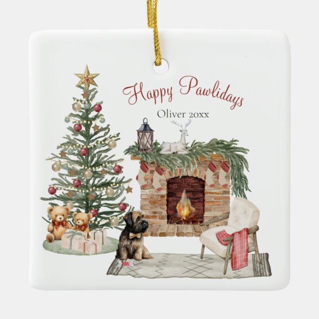 Happy Pawlidays Dog Design- Briard Ceramic Ornament (Front)