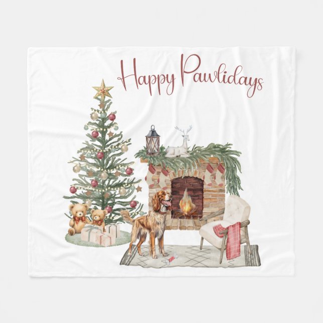Happy Pawlidays Dog Design- Brittany Spaniel Fleece Blanket (Front (Horizontal))