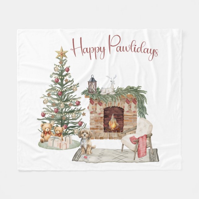 Happy Pawlidays Dog Design- Cavapoo Fleece Blanket (Front (Horizontal))