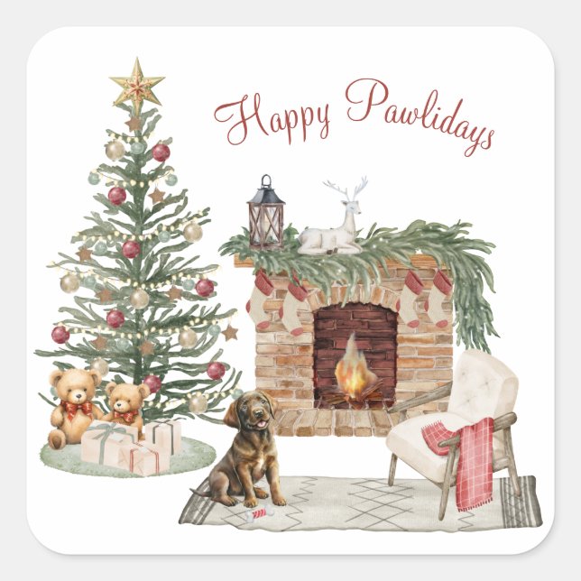 Happy Pawlidays Dog Design- Chocolate Labrador Square Sticker (Front)
