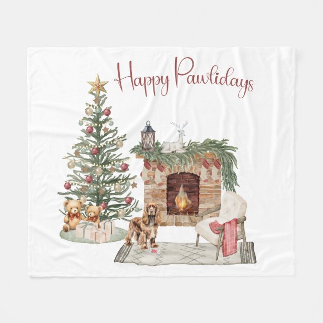 Happy Pawlidays Dog Design- Cocker Spaniel Fleece Blanket (Front (Horizontal))