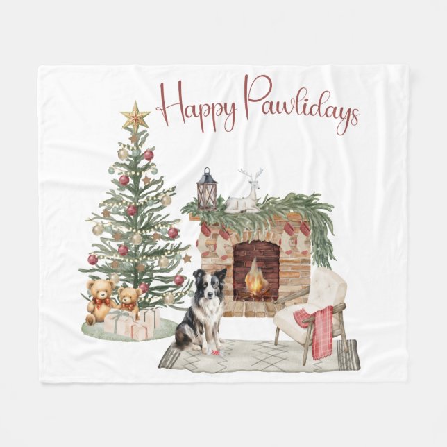Happy Pawlidays Dog Design- Collie Fleece Blanket (Front (Horizontal))