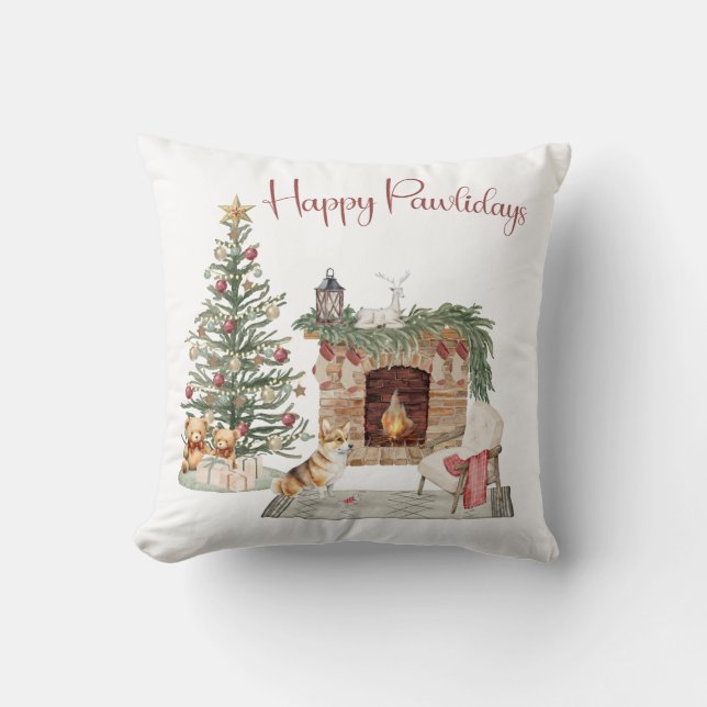 Happy Pawlidays Dog Design- Corgi Cushion (Front)
