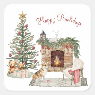 Happy Pawlidays Dog Design- Corgi Square Sticker