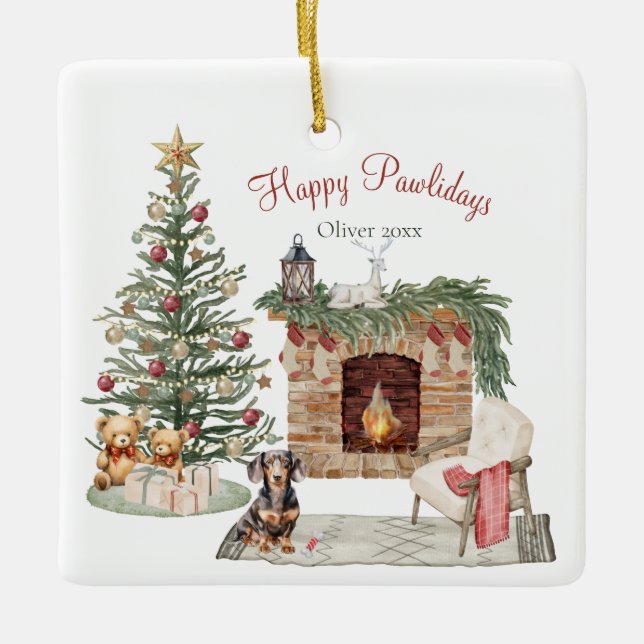 Happy Pawlidays Dog Design- Dachshund Ceramic Ornament (Front)