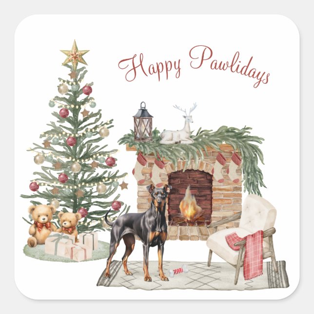 Happy Pawlidays Dog Design- Doberman Pinscher Square Sticker (Front)