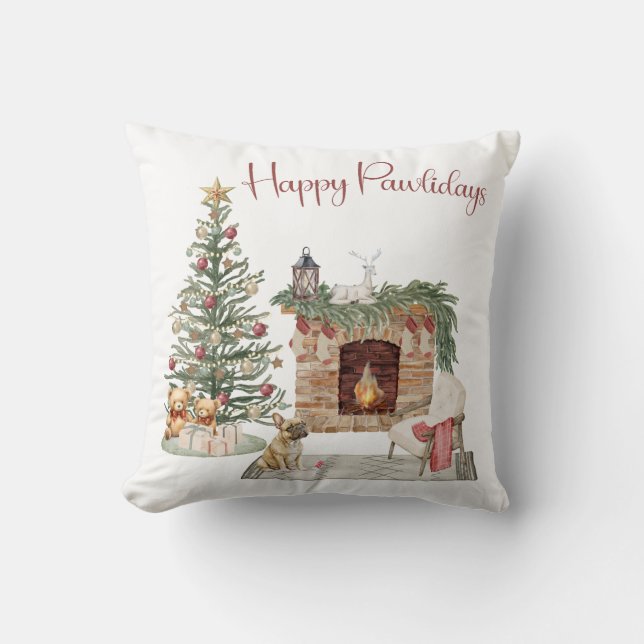 Happy Pawlidays Dog Design- French Bulldog Cushion (Front)