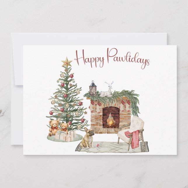Happy Pawlidays Dog Design- French Bulldog Holiday Card (Front)