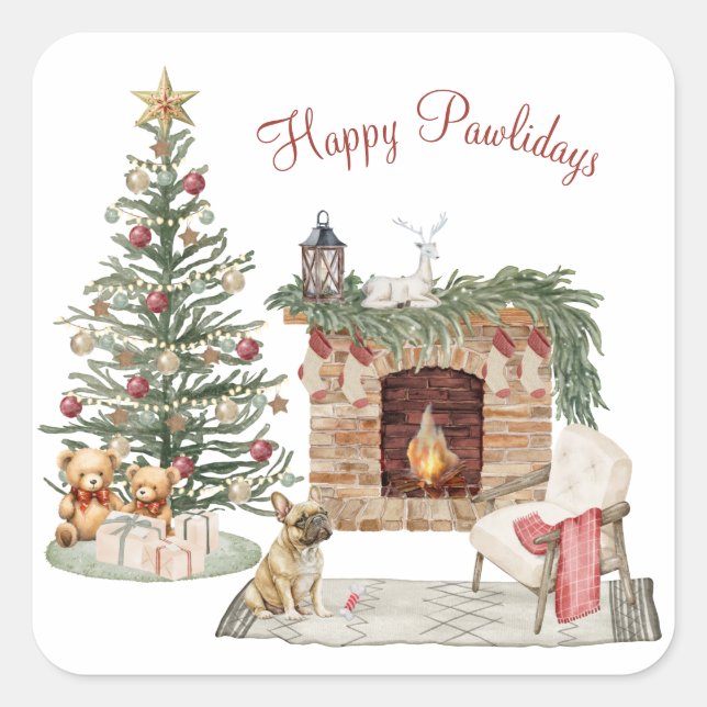 Happy Pawlidays Dog Design- French Bulldog Square Sticker (Front)