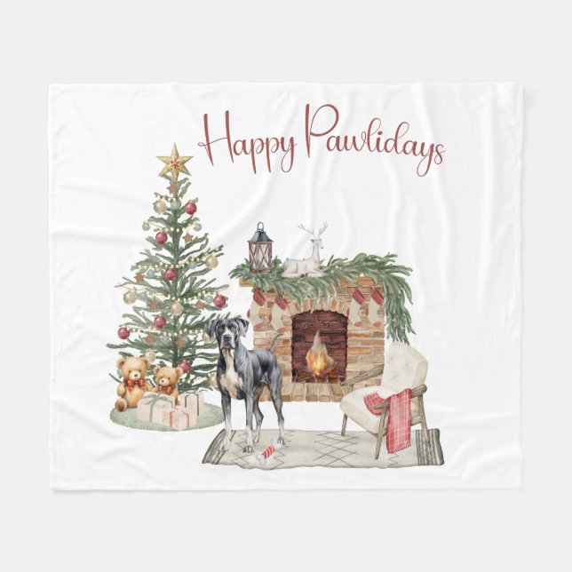 Happy Pawlidays Dog Design- Great Dane Fleece Blanket (Front (Horizontal))
