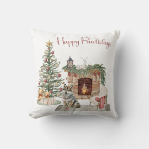 Happy Pawlidays Dog Design- Husky Cushion
