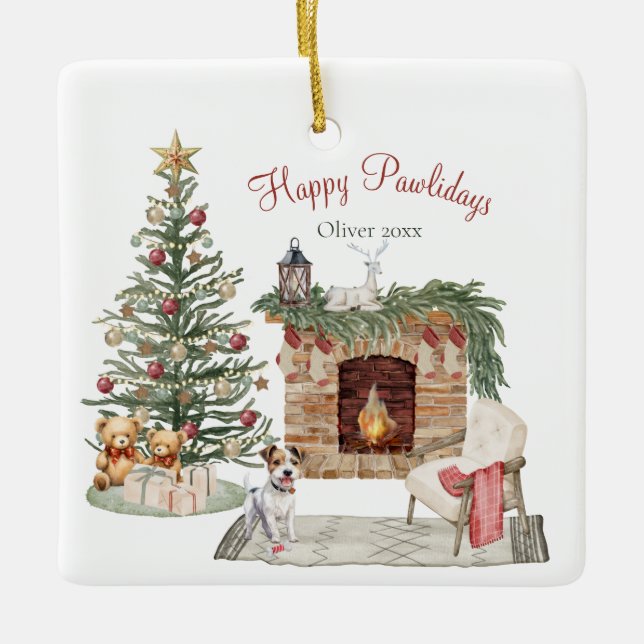 Happy Pawlidays Dog Design- Jack Russell Ceramic Ornament (Front)