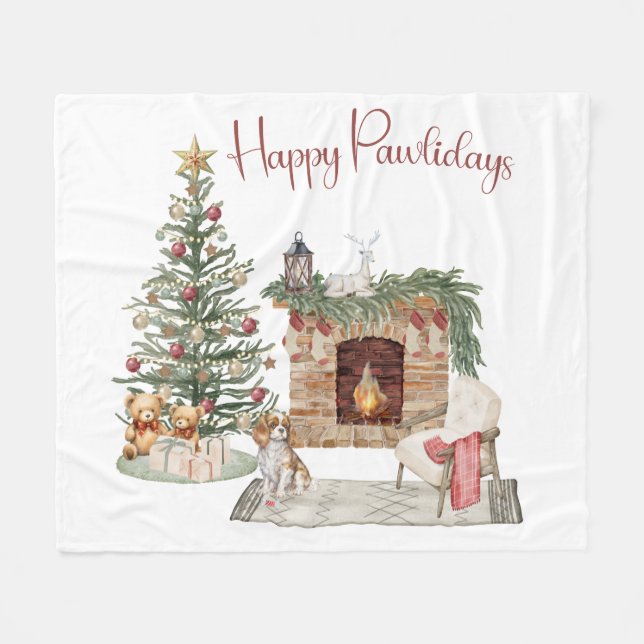 Happy Pawlidays Dog Design- King Charles Spaniel Fleece Blanket (Front (Horizontal))