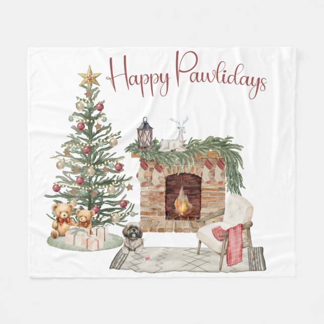 Happy Pawlidays Dog Design- Lhasa Apso Fleece Blanket (Front (Horizontal))