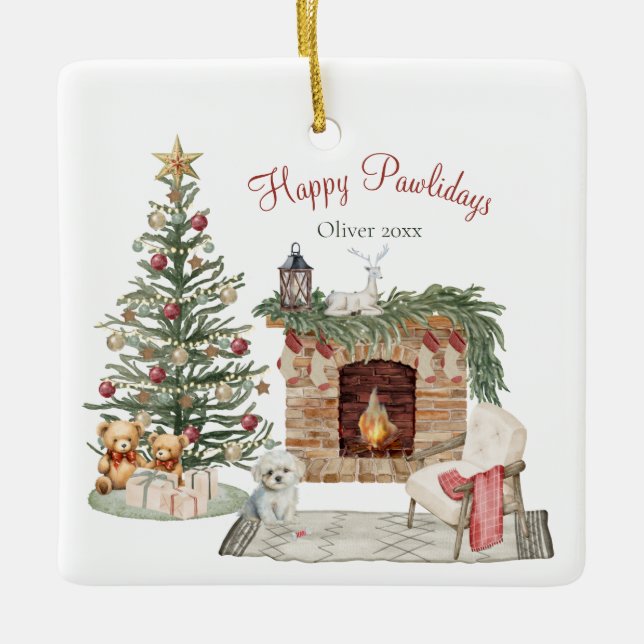 Happy Pawlidays Dog Design- Maltese Ceramic Ornament (Front)