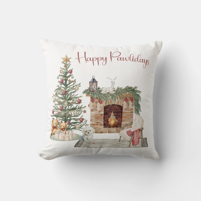 Happy Pawlidays Dog Design- Maltese Cushion (Front)