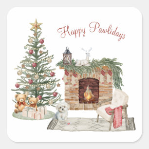 Happy Pawlidays Dog Design- Maltese Square Sticker